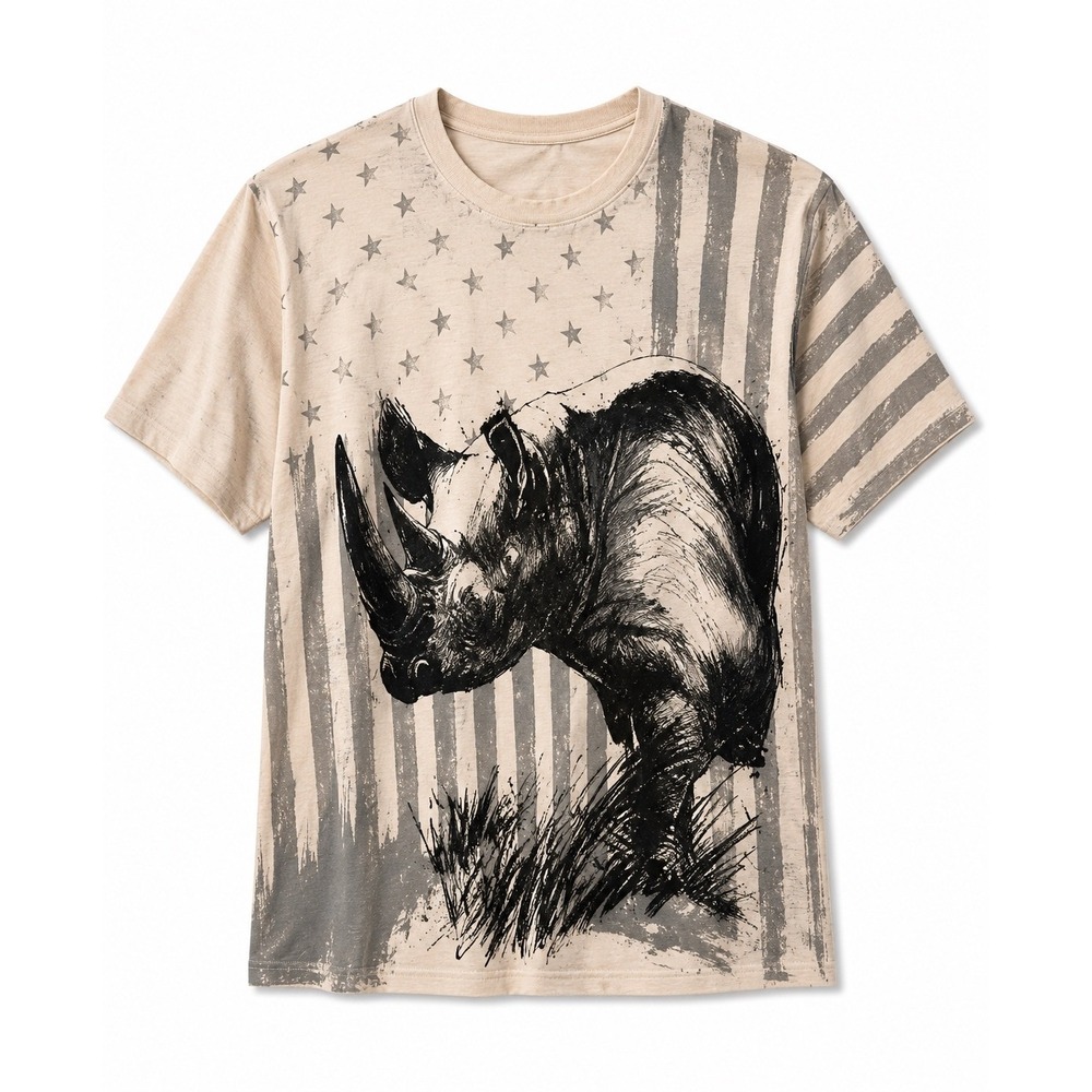 Ecko Unltd T-Shirt Mens 2XL White Gray Rhino Flag Graphic Stars Stripes Cotton